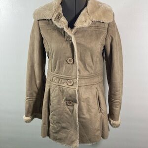 Big Chill Coat Women Size S Tan  Faux Fur Suede Big Buttons Cozy Warm Lined